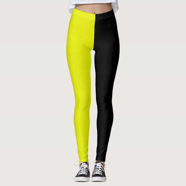 Gelbes Schwarz, zwei Tone, Halbfarbige Split Leggings (Vorderseite)