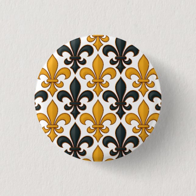 Gelbes schwarzes Barock Fleur-de-lis-Muster Button (Vorderseite)