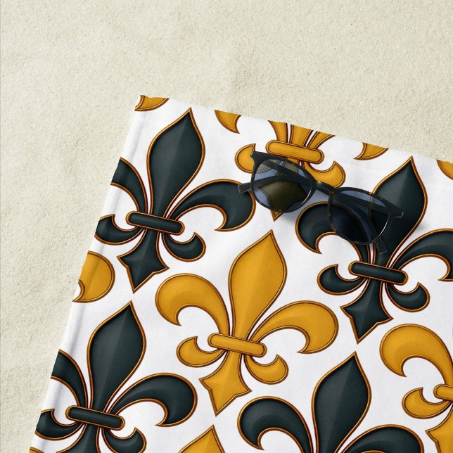 Gelbes schwarzes Barock Fleur-de-lis-Muster Strandtuch (Von Creator hochgeladen)