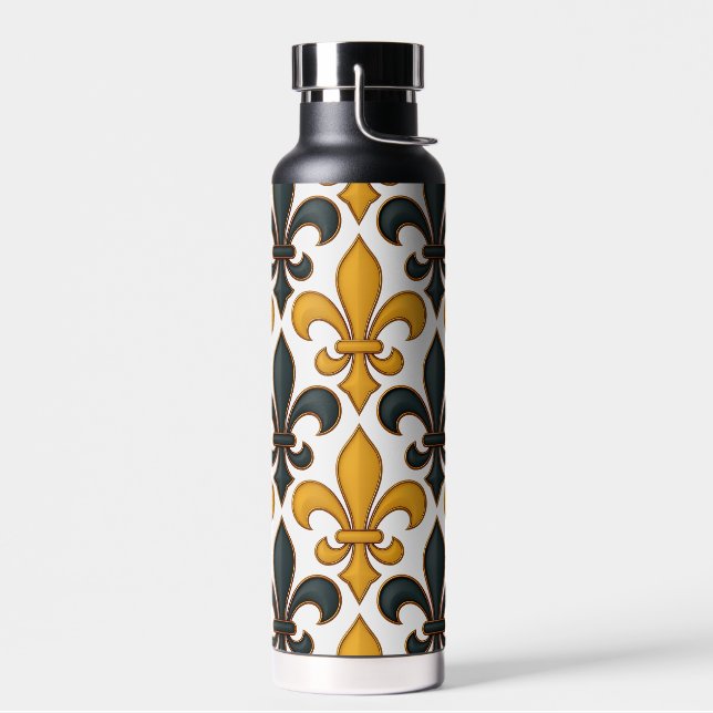 Gelbes schwarzes Barock Fleur-de-lis-Muster Trinkflasche (Links)