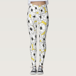 Gelbes, Schwarzweiss-Anemonen-Blumen-Muster Leggings