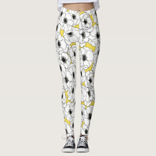 Gelbes, Schwarzweiss-Anemonen-Blumen-Muster Leggings