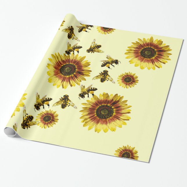 Gelbes Sonnenblume-und Honig-Bienen-Sommer-Muster Geschenkpapier (Ungerollt)