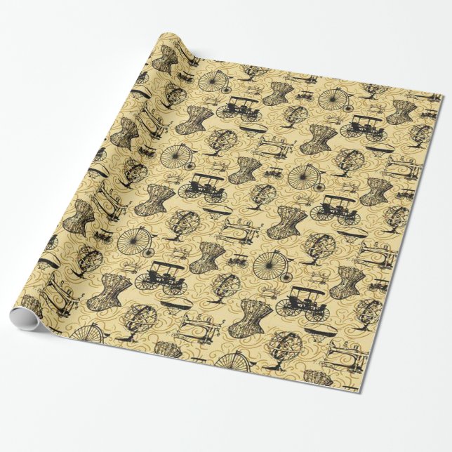 Gelbes Steampunk Muster-Packpapier Geschenkpapier (Ungerollt)