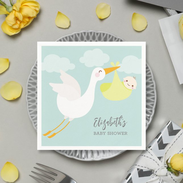Gelbes Storchebundle Gender Neutral Baby Dusche Serviette (Yellow stork bundle unisex baby shower personalized cocktail napkins)