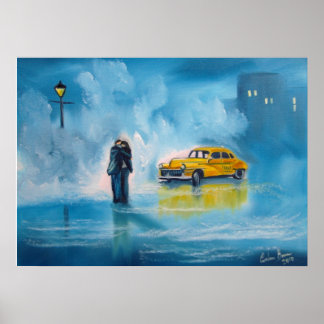 Gelbes Taxi regnerischer Tag romantisches Paar mal Poster
