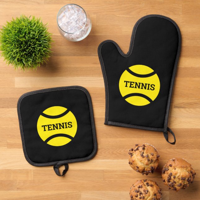 Gelbes Tennisball-Logo personalisierte Küche Ofenhandschuh & Topflappen-Set (Oben Unten)