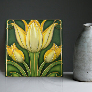 Gelbes Tulip Symmetrisches Wanddekor Jugendstil Fliese