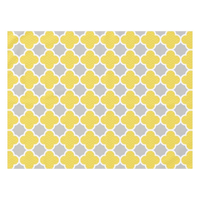 Gelbes u. graues Quatrefoil geometrisches Muster Tischdecke (Vorderseite (Horizontal))