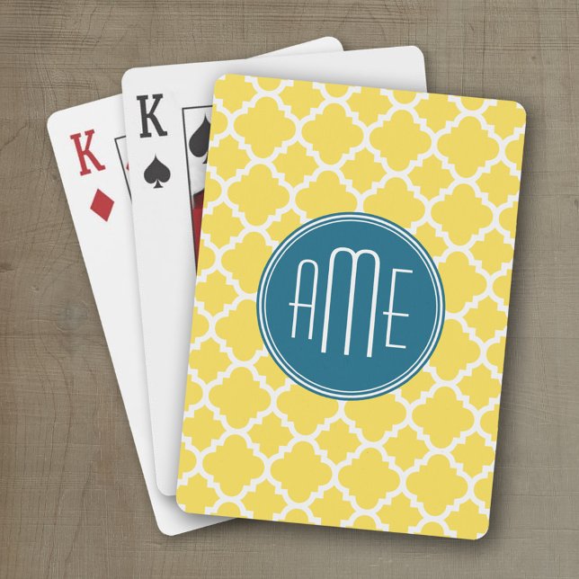 Gelbes und aquamarines Quatrefoil Spielkarten (Personalized playing cards with a fun area to add text such as a name or monogram)