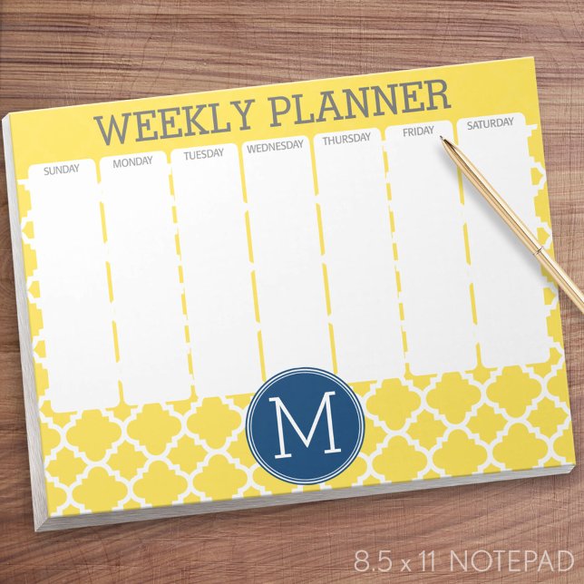 Gelbes und Navy-Quatrefolienmuster Custom Monogram Notizblock (Weekly Planner Notepad - Personalized)