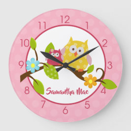 Gelbes und rosafarbenes Happy Owls Girl-Kinderzimm Große Wanduhr