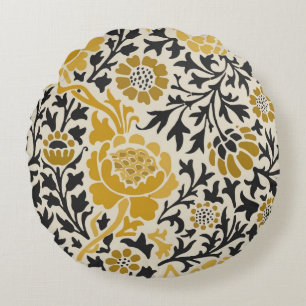 Gelbes und schwarzes Blumenmuster im Vintage-Stil Rundes Kissen