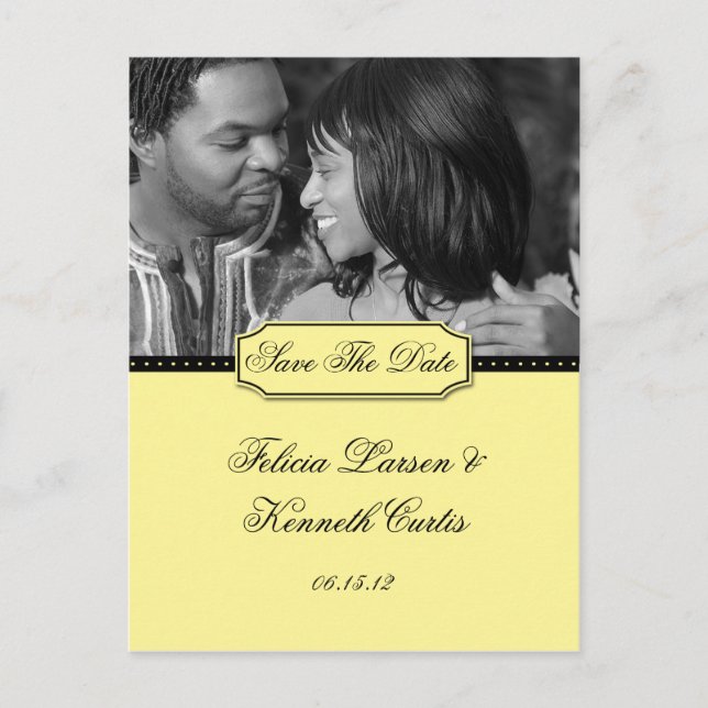 Gelbes und schwarzes Foto Save the Date Ankündigungspostkarte (Vorderseite)