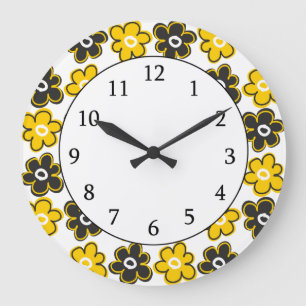 Gelbes und schwarzes Retro Blumen-Muster Große Wanduhr