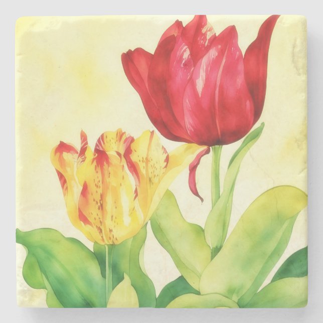 Gelbes Vintages Rot Tulip Blume Art Untersetzer (Vorderseite)