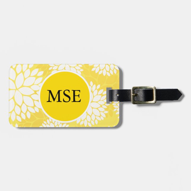 Gelbes weißes Blumenmonogramm-Muster Gepäckanhänger (Vorderseite horizontal)