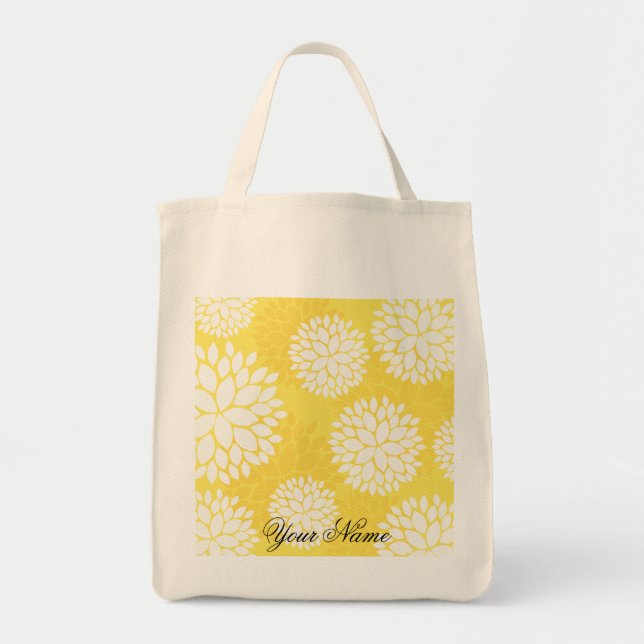 Gelbes weißes Blumenmonogramm-Muster Tragetasche (Vorne)