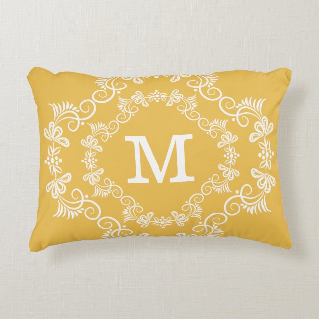Gelbes weißes kundenspezifisches Monogramm Zierkissen (Vorderseite)