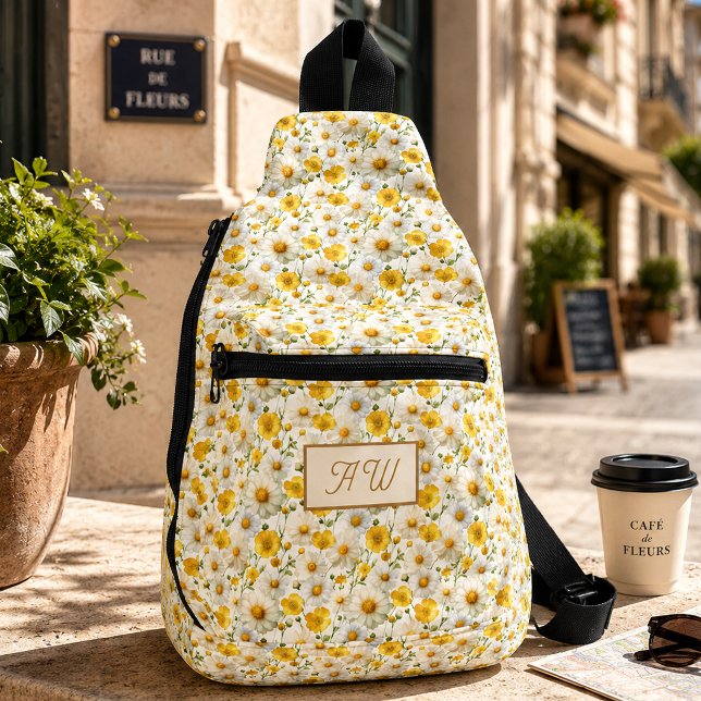Gelbes Wildblumen-Muster Monogramm Name Crossbody Bag (Von Creator hochgeladen)