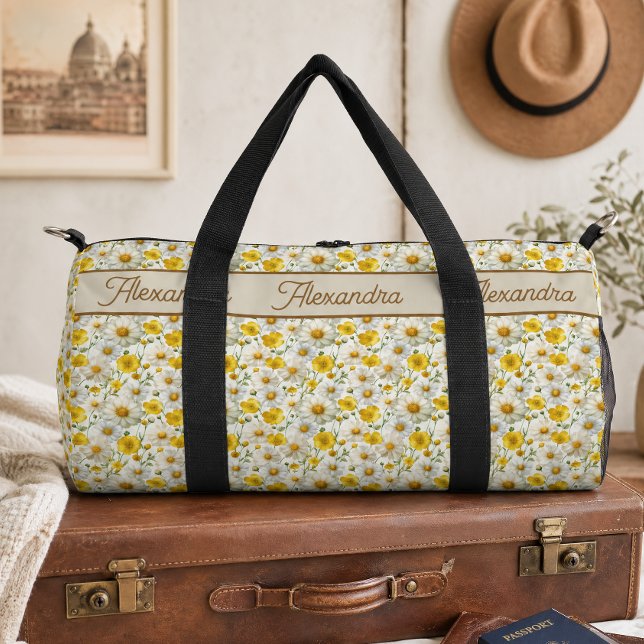 Gelbes Wildblumen-Muster-Monogramm-Name Duffle Bag (Von Creator hochgeladen)