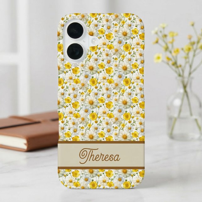 Gelbes Wildblumen-Muster-Monogramm-Name iPhone 16 Hülle (Von Creator hochgeladen)
