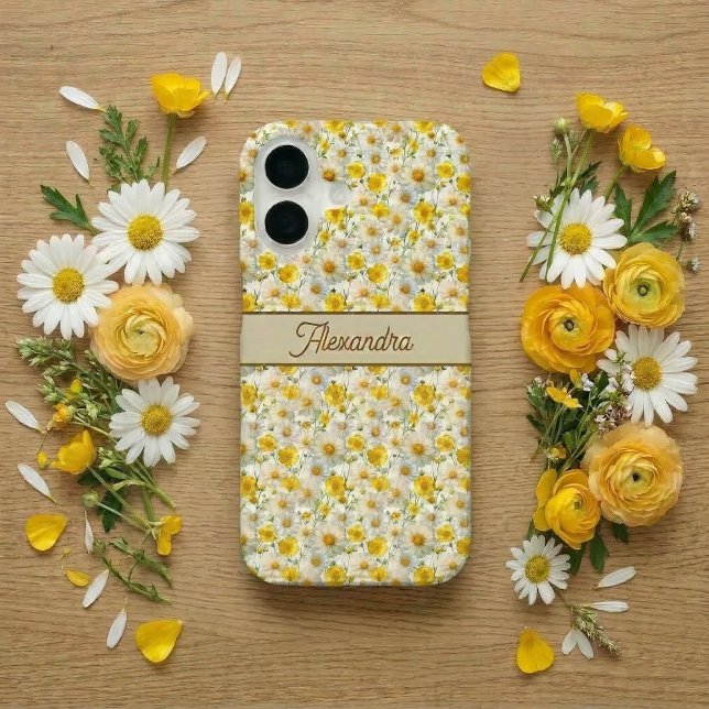 Gelbes Wildblumen-Muster-Monogramm-Name iPhone 16 Hülle (Von Creator hochgeladen)