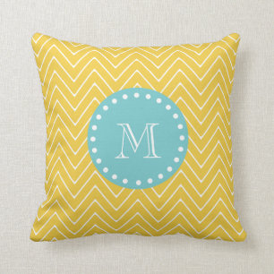 Gelbes Zickzack aquamarines Monogramm des Muster-  Kissen