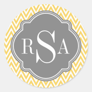 Gelbes Zickzack graues Monogramm-Anfangsbuchstaben Runder Aufkleber