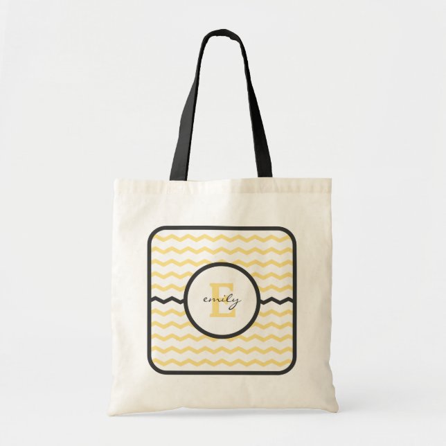 Gelbes Zickzack Monogramm Tragetasche (Vorne)