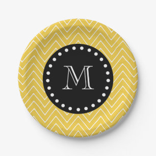 Gelbes Zickzack schwarzes Monogramm des Muster-  Pappteller