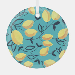 Gelbes Zitronen-Gouache-Muster auf Türkis. Ornament Aus Glas