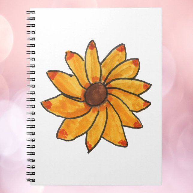 Gelbfarbene Sonnenblume, Hand gezogen Notizblock (A notebook with a hand drawn sunflower with red and orange tips.)