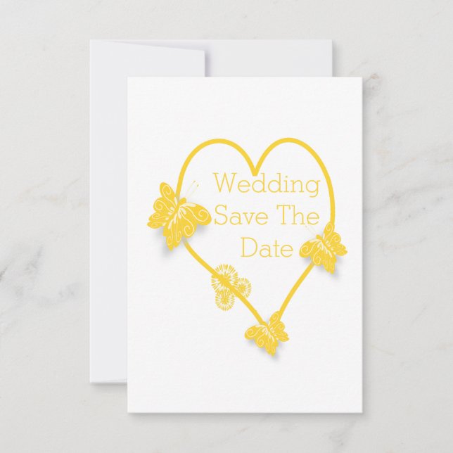 Gelbfarbenes Schmetterlingsherz Save the Date Einladung (Vorderseite)