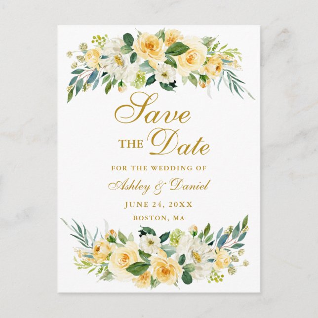 Gelbgelbe Blütengoldfarben Save the Date Ankündigungspostkarte (Vorderseite)