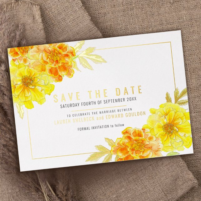 Gelbgelbe Marigold Wasserfarbe Save the Date Folieneinladung (Von Creator hochgeladen)