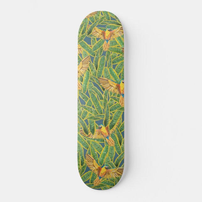 Gelbgelbe tropische Blätter Papageienmuster Skateboard (Vorderseite)