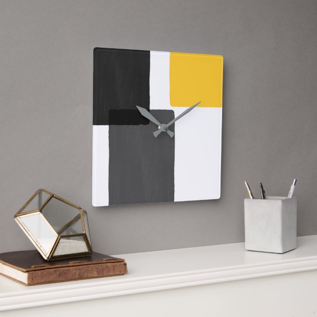 Gelbgraue Schwarz-weiß Moderne Minimalistisch Quadratische Wanduhr (Büro)