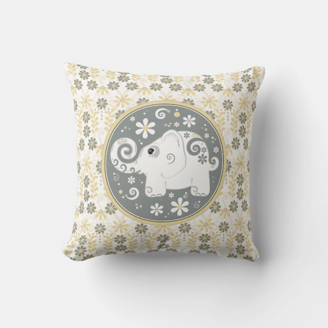 Gelbgraue weiße Elefant Daisy Floral Pillow Kissen (Vorderseite)
