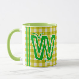 Gelbgrün Kariert (Monogramm, Name) Vintager Kaffee Tasse