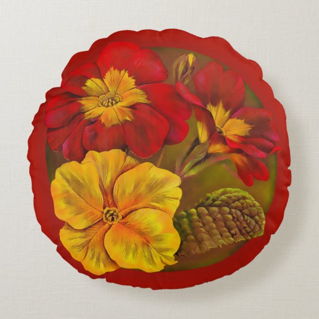 Gelbgrün-Wurfskissen der Primel rotes Rundes Kissen (Vorderseite)