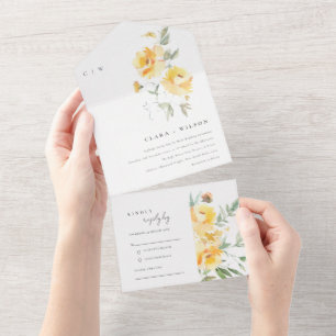 Gelbgrüne Aquarell-Rosenblumenstrauß-Hochzeit All In One Einladung