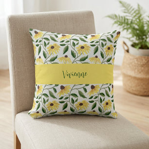 Gelbgrüne Aquarell-Wildblumen-Monogramm-Name Kissen