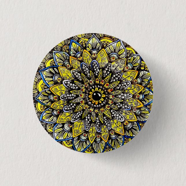 Gelbgrüne handgezeichnete Mandala-Design Button (Vorderseite)