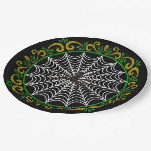 Gelbgrüne, weiße Spinnennetze und schwarze Spinne Pappteller