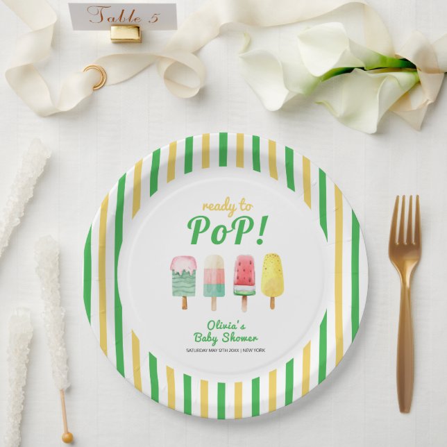 Gelbgrüner Streifen Eiscreme Pop Babydusche Pappteller (Hochzeit)