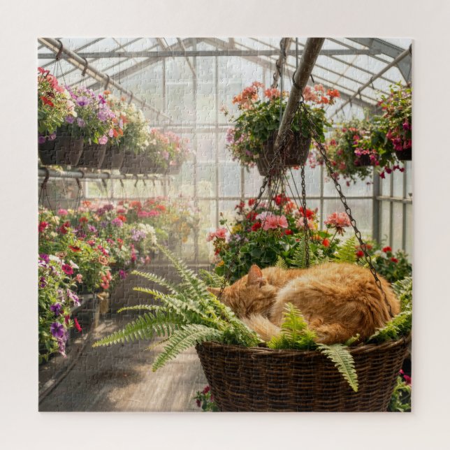 Gelbkatze beim Nickerchen in hängendem Farnkorb Puzzle (Vertikal)