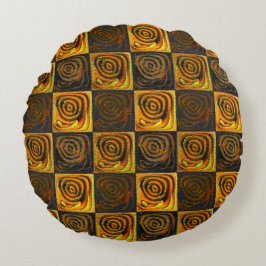 Gelbliche Quadrate und Kreise in rustikalem Mosaik Rundes Kissen