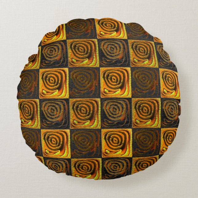 Gelbliche Quadrate und Kreise in rustikalem Mosaik Rundes Kissen (Vorderseite)