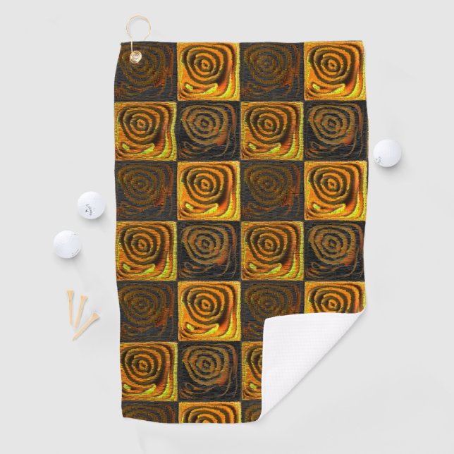 Gelbliche Quadrate und Kreise in rustikalen Mosaik Golfhandtuch (Insitu)